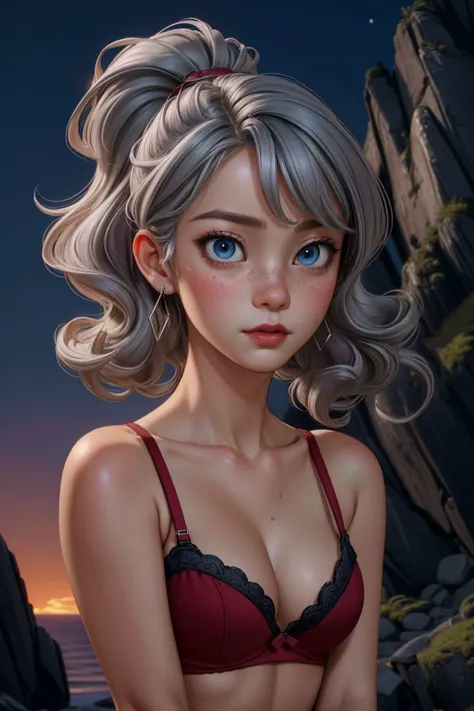 1girl, Mature female (wearing lingerie:1), (fractalized, fractal_body:1.3), sexy, fitness body, legs, Full Breasts, freckled, perfect face, makeup, make-up, red lips, Round Eye Shape, (Embarrassed facial expression:1.3), aesthetic, Cubist-inspired lingerie set with geometric shapes and contrasting colors, Phenom, Tall, Firm, Diamond-Shaped Face, Fair Skin, Gray Hair, Blue Eyes, Short Nose, Full Lips, Prominent Chin, Long Hair, Curly Hair, Low Ponytail, asymmetrical breasts, Dangle earrings, red stain lipstick, with a cliff side in the background
good hand, 4k, high-res, masterpiece, best quality, proportional head:1.3, finely detailed skin, sharp focus, (cinematic lighting), night, soft lighting, dynamic angle, (detailed face without mask:1.2),