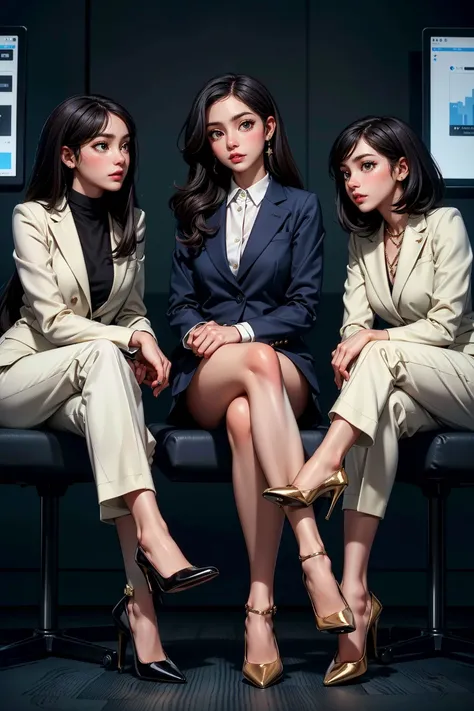 3girls, masterpiece, high quality, 8k, high resolution, perfect art, (Three businesswomen in power suits and heels, sitting together in a meeting:1.4), Starlet, Short, Lean, Square Face, Dark Skin, Dark Brown Hair, peach Eyes, [[Curved Nose]], Thin Lips, Sharp Chin, Long Hair, Coarse Hair, French Twist, perky breasts, , cream sheer lipstick