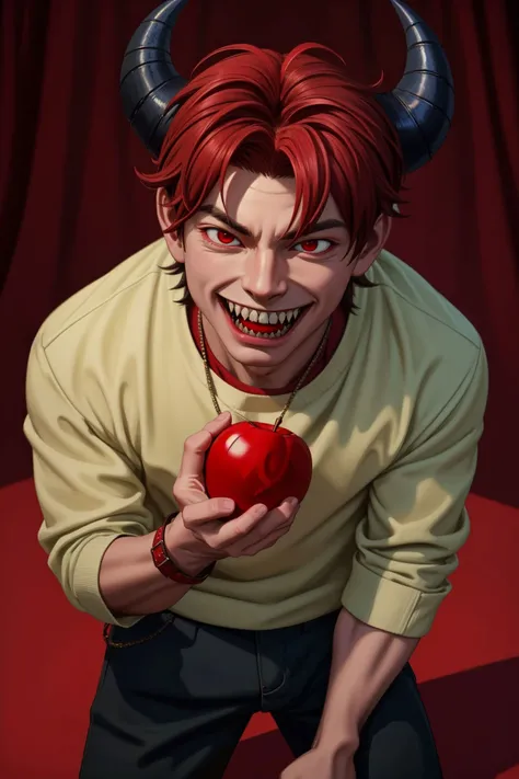 painting, art, solo, 1boy, a street, the devil, ugly, holding a red apple in his hand, devilish smile, horns, holding the apple towards viewer, evil smile, sharp teeth, movie scene, best quality, high detailed, masterpiece, 8k, detailed