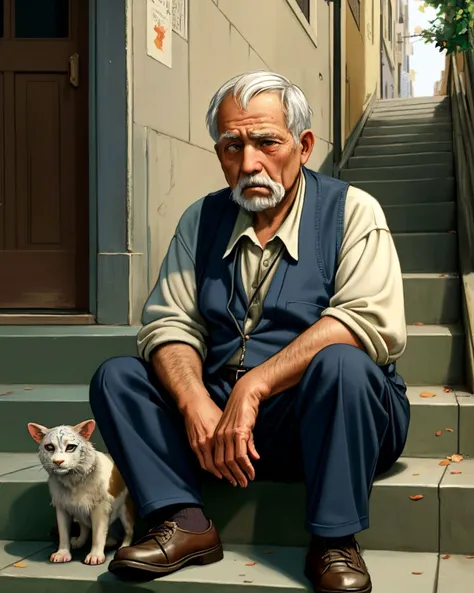 painting, art, solo, 1boy, very old man on the street, older, sitting on a stair step, feeding a cat, blind, white eyes, tired, poor, sad, dramatic, best quality, high detailed, masterpiece, 8k, elaborate,