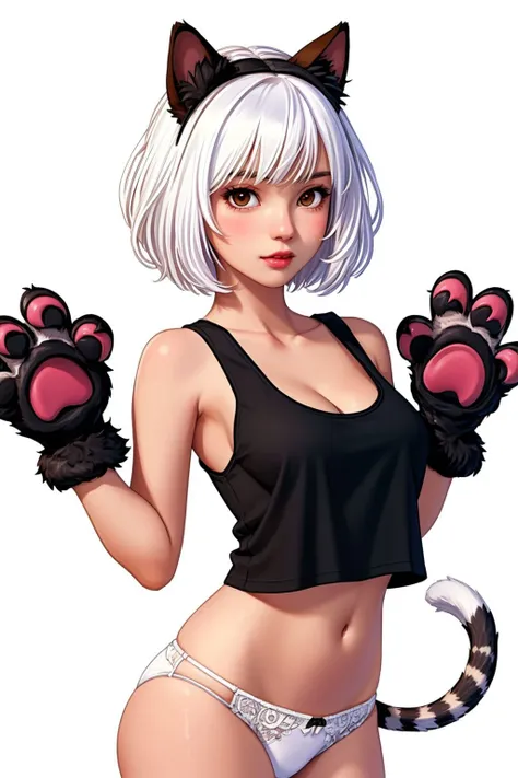 (masterpiece, best quality), intricate details,
1girl, cute, solo, monster girl, animal ears, white hair, short hair, brown eyes, tail, medium breasts, navel, white panties, black fur, (animal hands:1.2), tank top, cleavage