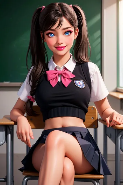 ((ultra realistic, best quality, masterpiece, perfect face)), (best quality), official art, extremely detailed, 8k, highly detailed, shiny skin, Depth of field, vivid color, 1girl, cute, schoolgirl, brunette, (fit:0.8), (full body:0.6), solo, school uniform, crop top, navel, miniskirt, short skirt, black hair, short pigtail hair, hair ribbon, (public:1.1), glowing eyes, beautiful eyes, embarrassed, sitting, in the school, in the classroom, (smile:1.2), sharp focus, high quality, 8k, hires, detailed, beautiful, detailed eyes, (crossed legs:1.2), full breasts, flirting, teasing, make-up, makeup, pink lips, red blush, black eyeliner,