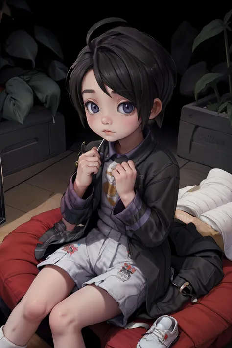 (AS-YoungerV2:1.3), <lora:AllisterLora:0.7>,black long sleeve shirt, shorts,white shoes,Jude Smith, Eddy Shinjuku, soft gaze, blush, looking at viewer,(masterpiece) (best quality) (detailed) (8k) (intricate), from above, sitting, close up, ethereal forest, evening, dark, off-camera lighting, <lora:more_details:0.25>