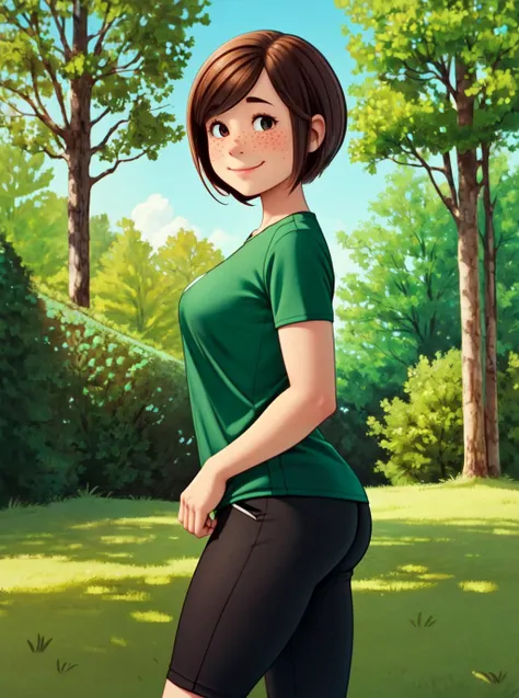 1girl, blush, breasts, medium breasts, muscular, muscular female, shorts, solo, sweat, thick thighs, thighs, toned, park, trees,black pants, standing, <lora:Peppermint:0.9>Pmint, brown hair, shirt, short hair,solo, standing,girl,sportswear,freckles,green t-shirt,doing sports,smile,