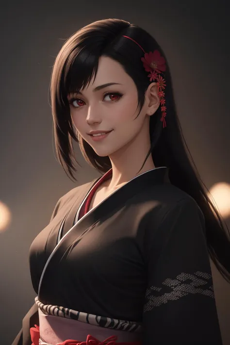masterpiece, best quality, edTifa, red eyes, long hair, hair ornament, hair flower, black kimono, black shirt, upper body, looking at viewer, smile <lora:tifa-nvwls-v2:0.9> fcPortrait