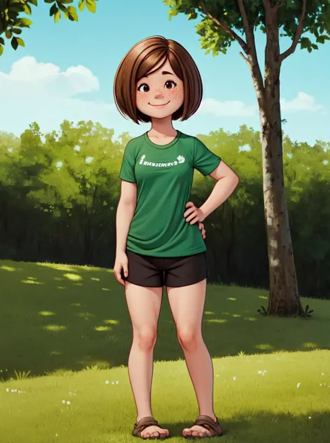 1girl, blush, breasts, medium breasts, muscular, muscular female, shorts, solo, sweat, thick thighs, thighs, toned, park, trees,black pants, standing, <lora:Peppermint:0.9>Pmint, brown hair, shirt, short hair,solo, standing,girl,sportswear,freckles,green t-shirt,doing sports,smile,