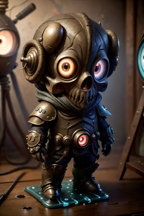 dark fantasy, , body armor, (looking at viewer:2), (super cute female:1.5), formidable_default, (chibi:1.35), solo, 1girl, full body, simple background, (epoxy_skull:1.38), (ManyEyedHorrorAI:0.6) <lora:glowingSkullLora_v10:1> <lora:manyeyedhorrorai_v10:1>, black background, (steampunk background:1.1)
