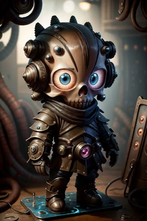 dark fantasy, , body armor, (looking at viewer:2), (super cute female:1.5), formidable_default, (chibi:1.35), solo, 1girl, full body, simple background, (epoxy_skull:1.38), (ManyEyedHorrorAI:0.6) <lora:glowingSkullLora_v10:1> <lora:manyeyedhorrorai_v10:1>, black background, (steampunk background:1.1)