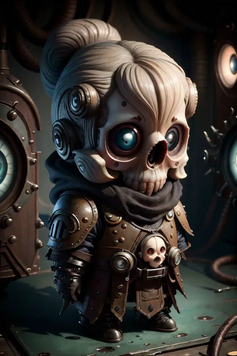 dark fantasy, , body armor, (looking at viewer:2), (super cute female:1.5), formidable_default, (chibi:1.35), solo, 1girl, full body, simple background, (epoxy_skull:1.38), (ManyEyedHorrorAI:0.6) <lora:glowingSkullLora_v10:1> <lora:manyeyedhorrorai_v10:1>, black background, (steampunk background:1.1)