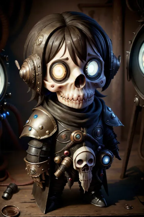 dark fantasy, , body armor, (looking at viewer:2), (super cute female:1.5), formidable_default, (chibi:1.35), solo, 1girl, full body, simple background, (epoxy_skull:1.38), (ManyEyedHorrorAI:0.6) <lora:glowingSkullLora_v10:1> <lora:manyeyedhorrorai_v10:1>, black background, (steampunk background:1.1)