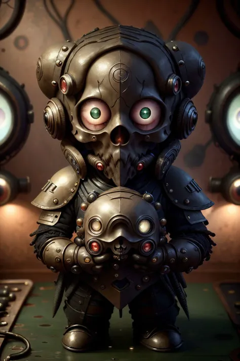 dark fantasy, , body armor, (looking at viewer:2), (super cute female:1.5), formidable_default, (chibi:1.35), solo, 1girl, full body, simple background, (epoxy_skull:1.38), (ManyEyedHorrorAI:0.6) <lora:glowingSkullLora_v10:1> <lora:manyeyedhorrorai_v10:1>, black background, (steampunk background:1.1)