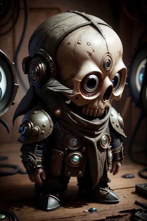 dark fantasy, , body armor, (looking at viewer:2), (super cute female:1.5), formidable_default, (chibi:1.35), solo, 1girl, full body, simple background, (epoxy_skull:1.38), (ManyEyedHorrorAI:0.6) <lora:glowingSkullLora_v10:1> <lora:manyeyedhorrorai_v10:1>, black background, (steampunk background:1.1)