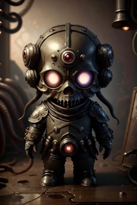 dark fantasy, , body armor, (looking at viewer:2), (super cute female:1.5), formidable_default, (chibi:1.35), solo, 1girl, full body, simple background, (epoxy_skull:1.38), (ManyEyedHorrorAI:0.6) <lora:glowingSkullLora_v10:1> <lora:manyeyedhorrorai_v10:1>, black background, (steampunk background:1.1)