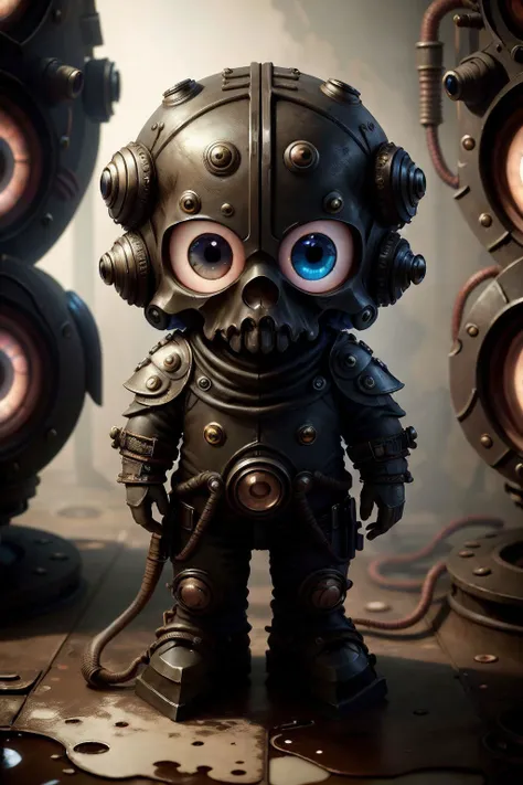 dark fantasy, , body armor, (looking at viewer:2), (super cute female:1.5), formidable_default, (chibi:1.35), solo, 1girl, full body, simple background, (epoxy_skull:1.38), (ManyEyedHorrorAI:0.6) <lora:glowingSkullLora_v10:1> <lora:manyeyedhorrorai_v10:1>, black background, (steampunk background:1.1)