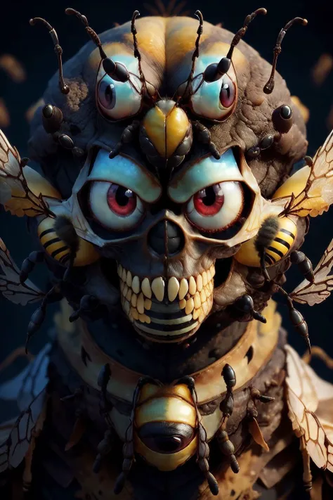 looking at camera, evil grin, (bee flying:1.5), (epoxy_skull:1), (ManyEyedHorrorAI:1) <lora:glowingSkullLora_v10:1> <lora:manyeyedhorrorai_v10:1>, black background