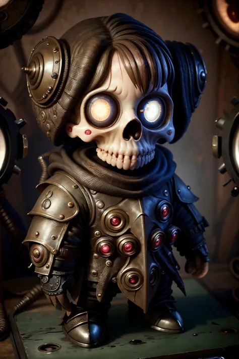 dark fantasy, , body armor, (looking at viewer:2), (super cute female:1.5), formidable_default, (chibi:1.35), solo, 1girl, full body, simple background, (epoxy_skull:1.38), (ManyEyedHorrorAI:0.6) <lora:glowingSkullLora_v10:1> <lora:manyeyedhorrorai_v10:1>, black background, (steampunk background:1.1)