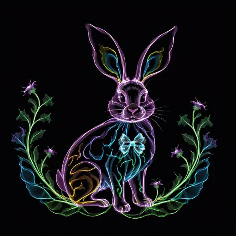 S1LK4RT shape, wavy color lines producing a silhouette image of a bunny, thistle, clovers, Black background, <lora:SilkArt:0.75>