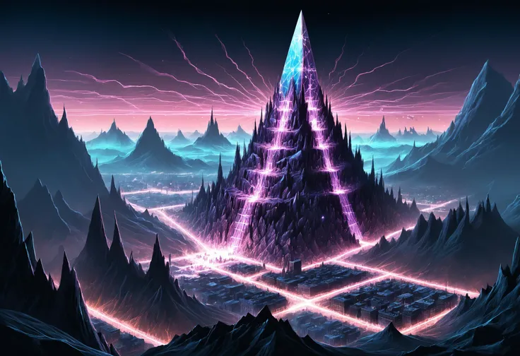 digital illustration, steelpunk mountain city, electrified, <lora:SilkArt:1>, fantasy partially buried crystals made of s1lk4rt, prismatic, chromatic, obelisk