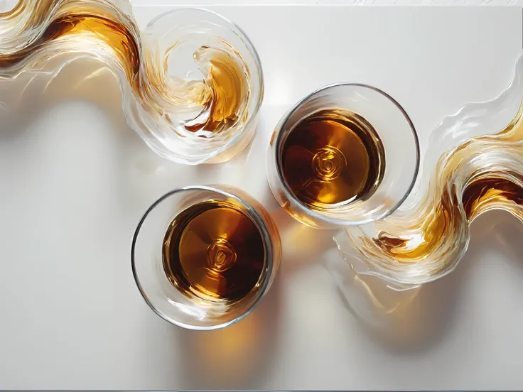Top View, Hyper-quality, abstract painting, white background, Whisky in glasses made of S1LK4RT, (from above:1.2), wavy color lines, <lora:SilkArt:0.85>, volumetric lighting
