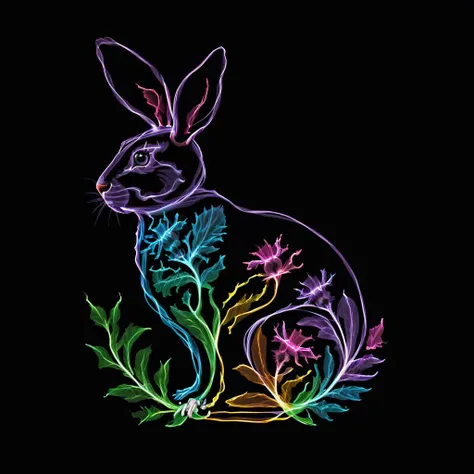 S1LK4RT shape, wavy color lines producing a silhouette image of a bunny, thistle, clovers, Black background, <lora:SilkArt:0.8>