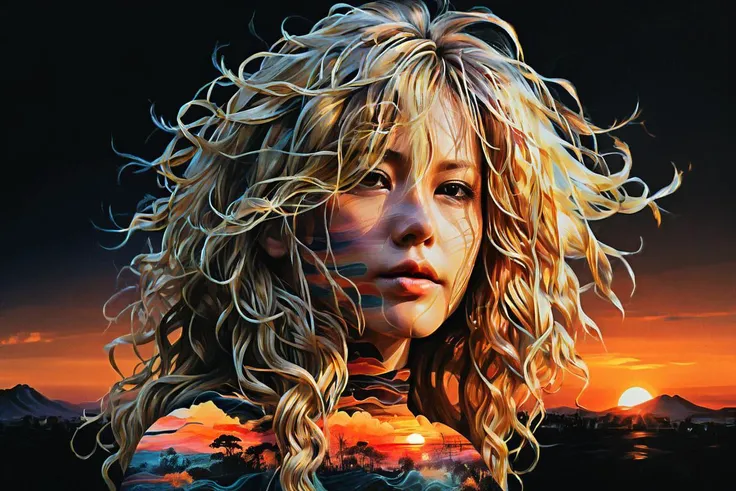 double exposure technique blends a detailed sunset with a surreal anime style, abstract painting of black background, S1LK4RT woman shape, wavy color lines producing a blonde woman with (((straight long hair))) silhouette, she ist looking at the viewer with a dreamy look, <lora:SDXLHighDetail_v5:0.8>, <lora:SilkArt:0.8>, <lora:Double_Exposure:0.7>