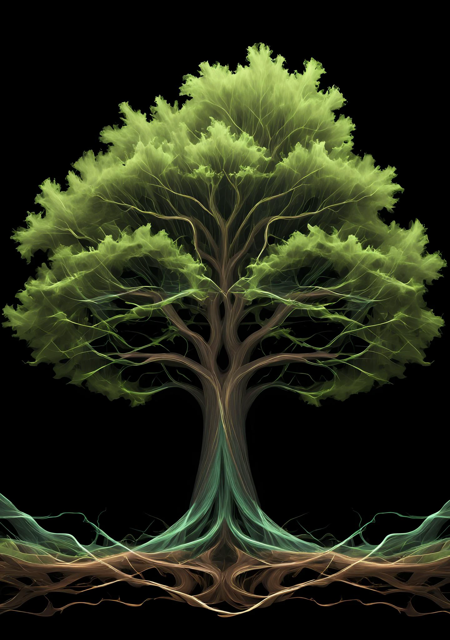Hyper-quality, Hyper-Detailed, Hyper-minimalist, fractalist, vantablack background, <lora:SilkArt:0.83>, wavy coloured lines, oak tree made of S1LK4RT, ethereal, ghostly, green, brown, grey,