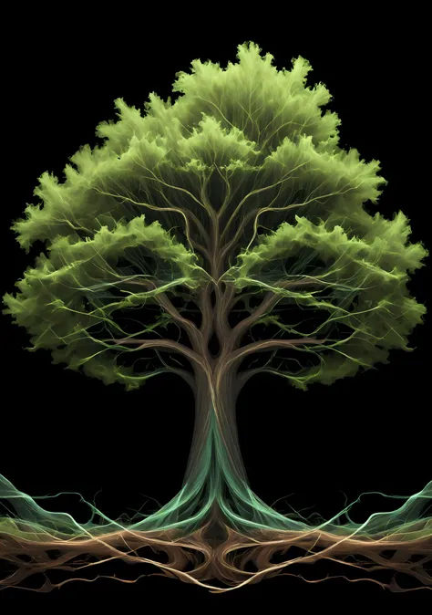 Hyper-quality, Hyper-Detailed, Hyper-minimalist, fractalist, vantablack background, <lora:SilkArt:0.83>, wavy coloured lines, oak tree made of S1LK4RT, ethereal, ghostly, green, brown, grey,