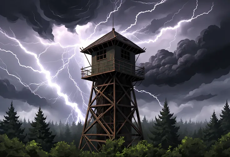 digital illustration, watch tower, Forest, windswept, storm, lightning made of s1lk4rt, cloudy sky, <lora:SilkArt:0.83>