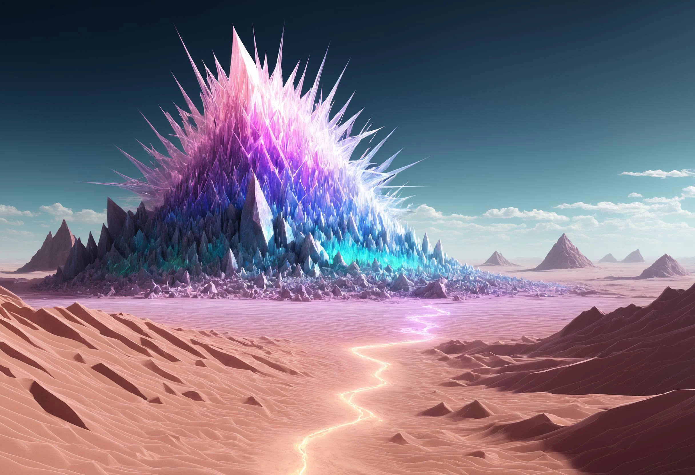 digital illustration, desert, <lora:SilkArt:1>, fantasy desert magic storm made of s1lk4rt, partially buried crystals, prismatic, chromatic