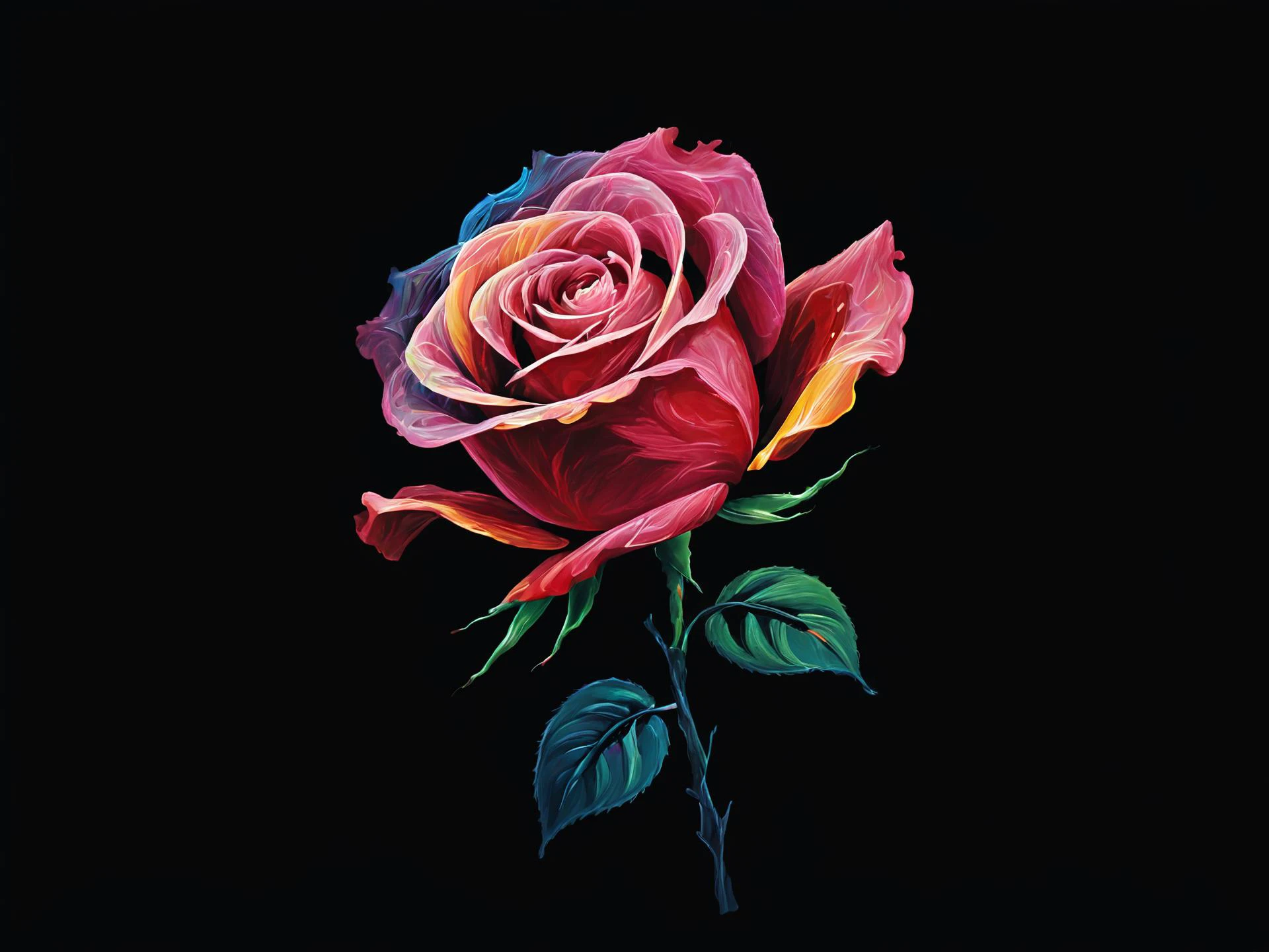 abstract painting, black background, S1LK4RT shape, wavy color lines producing a silhouette image of a rose, <lora:SilkArt:0.8>, Rose
