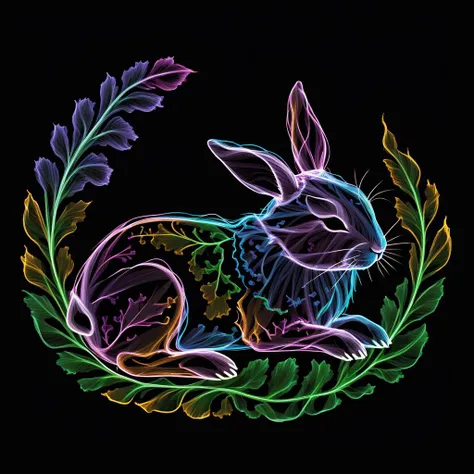 S1LK4RT shape, wavy color lines producing a silhouette image of a sleeping bunny, thistle, clovers, Black background, <lora:SilkArt:0.65>