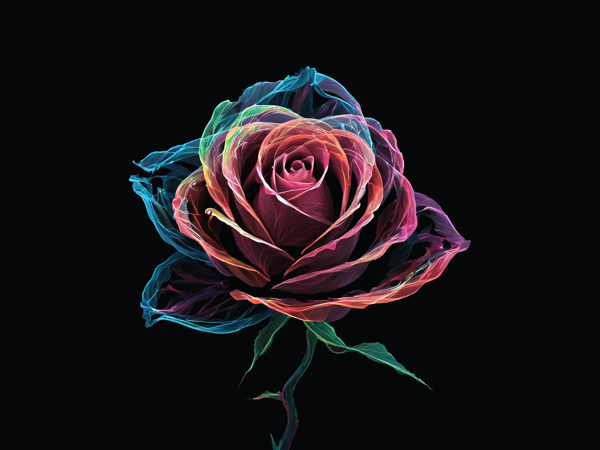 abstract painting, black background, S1LK4RT shape, wavy color lines producing a silhouette image of a rose, <lora:SilkArt:0.8>, Rose, iridescent , neon lighting, neon, color anaglyph