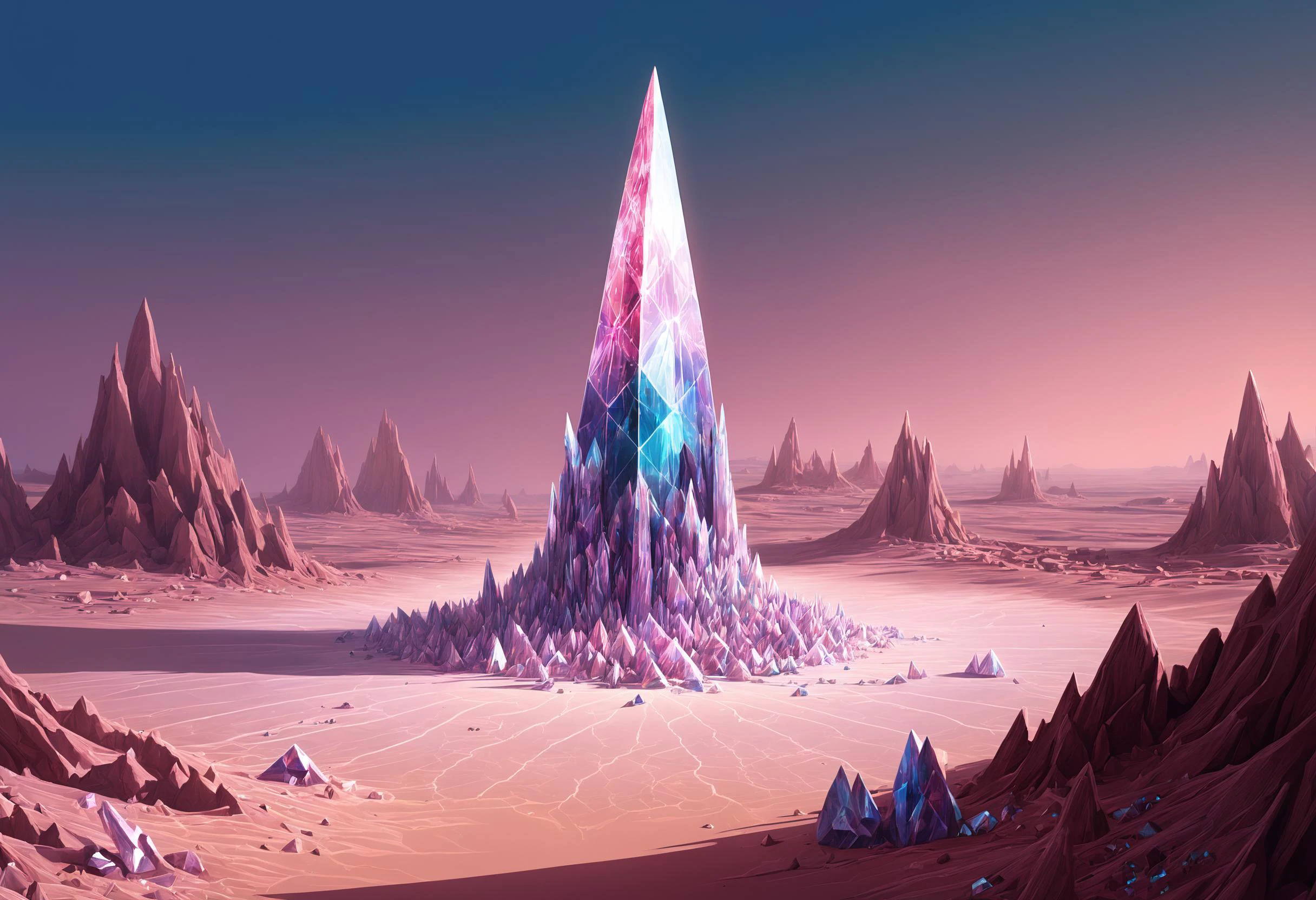 digital illustration, desert, <lora:SilkArt:1>, fantasy partially buried crystals made of s1lk4rt, , prismatic, chromatic, obelisk