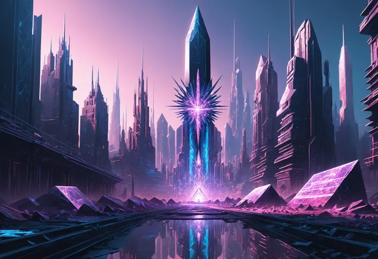 digital illustration, cyberpunk city, <lora:SilkArt:1>, fantasy partially buried crystals made of s1lk4rt, prismatic, chromatic, obelisk