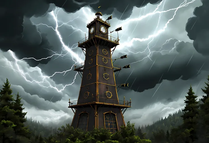 digital illustration, steampunk semaphore tower towers, Forest, windswept, storm, lightning made of s1lk4rt, cloudy sky, <lora:SilkArt:0.83>