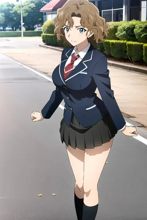 masterpiece, highest quality, High resolution, aairoha, Medium Hair, neck ribbon, collared shirt, blazer, Black jacket, open jacket, long sleeves, Checked skirt, hand on hip, street, Are standing, Smaller head, Wide pelvis, Thick thighs, (Large Breasts), (Lift up the skirt:1.5), (スカート that rolls up:1.5), (Panties in full view:1.5), (Red panties:1.5), (Crotch up view from below_perspective:1.5)