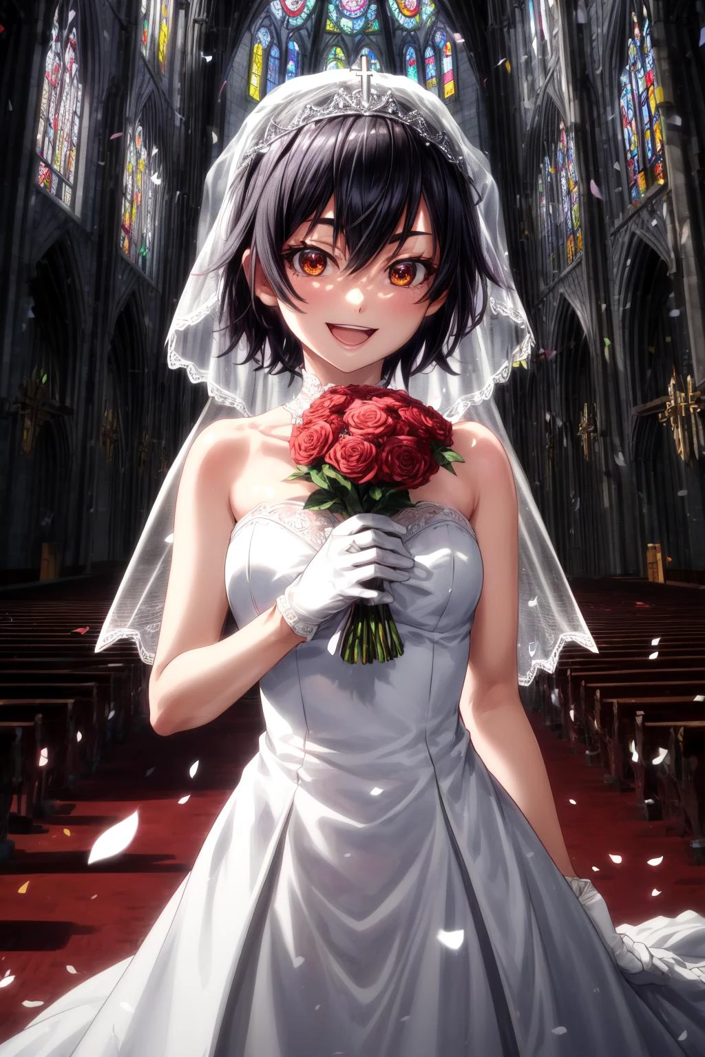 (masterpiece), best quality, (((ultra detailed, 8k quality))), expressive eyes, perfect face, perfect anatomy, perfect body, scene, <lora:scene_:0.7>, <lora:more_details:0.7>, <lora:beautiful_detailed_eyes:0.5>, <lora:GoodHands-beta2:0.7>, <lora:give_it_a_name:0.7>,
, kanbarusuruga, smile, short hair, medium breasts, brown eyes, smile, cowboy shot, <lora:kanbaru-suruga-v1:0.9>,
indoors, church, stained glass, whie veil, laced gloves, upperbody, close portrait church, holding bouquet, (confetti:1.1), smile, open mouth, white dress, wedding dress, church, holding bouquet, (confetti:1.1)