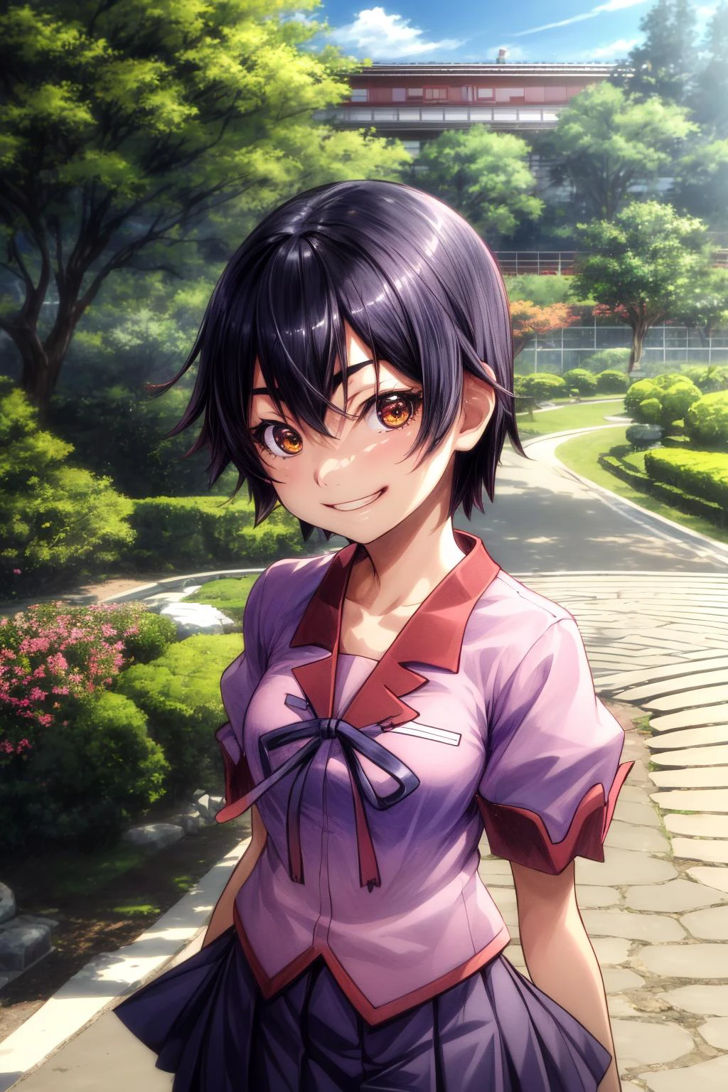 (masterpiece), best quality, (((ultra detailed, 8k quality))), expressive eyes, perfect face, perfect anatomy, perfect body, scene, <lora:scene_:0.7>, <lora:more_details:0.7>, <lora:beautiful_detailed_eyes:0.5>, <lora:GoodHands-beta2:0.7>, <lora:give_it_a_name:0.7>,
bike shorts, naoetsu high school uniform, pink shirt, kanbarusuruga, smile, short hair, medium breasts, brown eyes, smile, cowboy shot, garden, trees, <lora:kanbaru-suruga-v1:0.9>, grin, close portrait