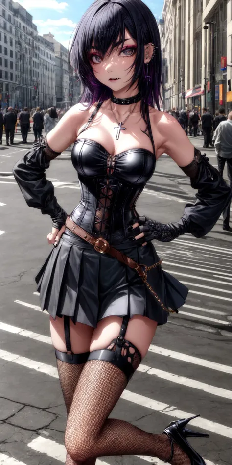 (masterpiece), best quality, (((ultra detailed, 8k quality))), expressive eyes, perfect face, perfect anatomy, perfect body, scene, <lora:scene_:0.7>, <lora:more_details:0.7>, <lora:beautiful_detailed_eyes:0.5>, <lora:GoodHands-beta2:0.7>, <lora:give_it_a_name:0.7>,
high heels, gothic, necklace, fishnets, skirt, spikes, spiked collar, cross, torn clothes, earrings, collar, shoulder cutout, cross necklace, fingerless gloves, pantyhose, belt, choker, black nails, fishnet pantyhose, black lips, makeup, piercing, miniskirt, detached sleeves, crop top, corset, shorts, garter straps, eyeshadow, nail polish, hand on hips, outdoor, street,, <lora:kanbaru-suruga-v1:1>,