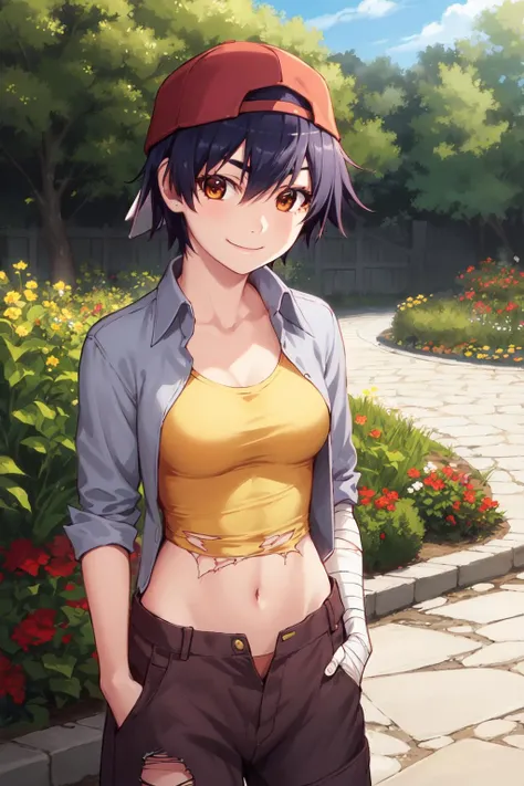 masterpiece, best quality, looking at viewer, upper body, portrait, looking at viewer, seductive smile, put your hands behind your head, armpits, armpits visible, sweaty armpits, Iris Amicitia, very small breasts, short brown hair,