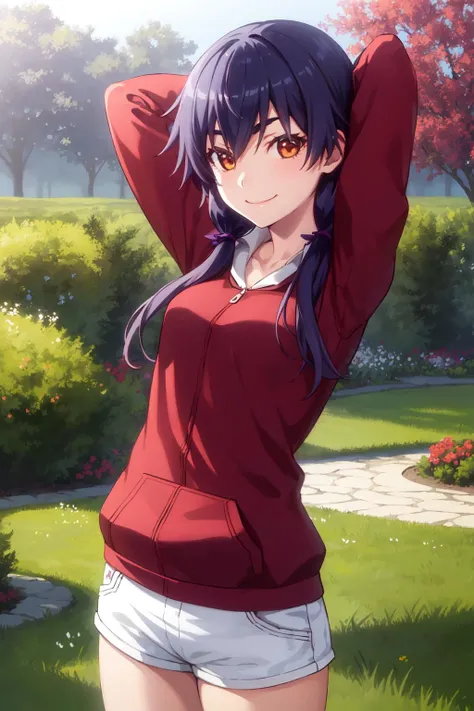 1girl, solo, looking at viewer,
kanbarusuruga, smile, long hair, twintails, low twintails, medium breasts, brown eyes, red hoodie, white shorts,
smile, cowboy shot, arms behind head,
garden, trees,
<lora:kanbaru-suruga-v1:0.9>