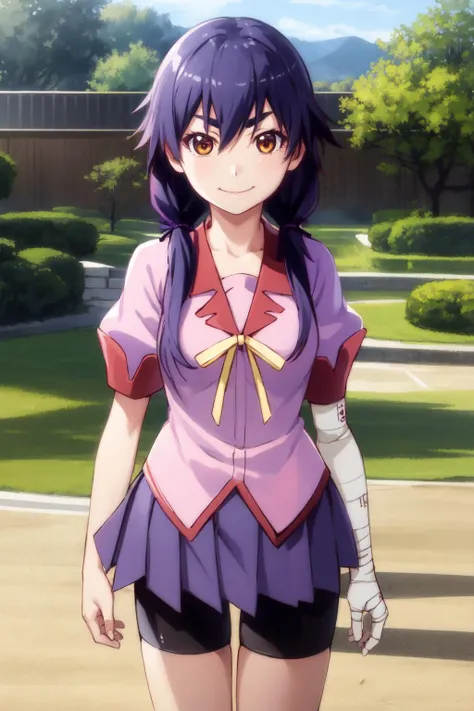 1girl, solo, looking at viewer,
bandages, bike shorts, naoetsu high school uniform, pink shirt,
kanbarusuruga, smile, long hair, twintails, low twintails, medium breasts, brown eyes,
smile, cowboy shot,
garden, trees,
<lora:kanbaru-suruga-v1:0.9>