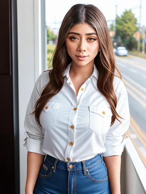 RAW photo of gorgeous brunette viomy, wearing a white button up shirt and jeans, simple background <lora:epiCRealismHelper:1>