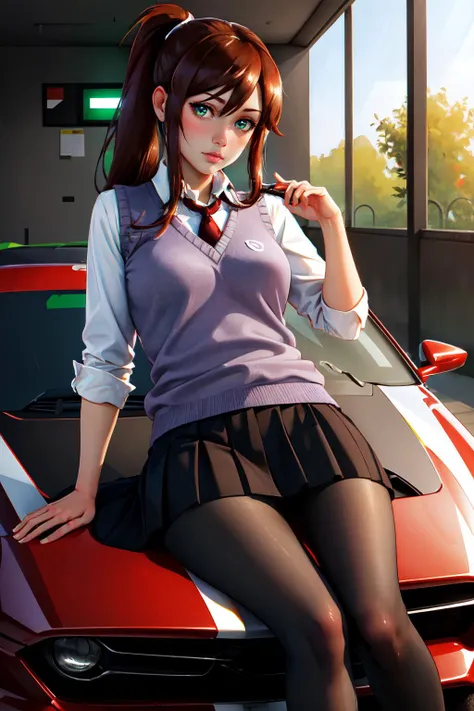 Highly detailed, High Quality, Masterpiece, beautiful, WhiteKorraErinStout, <lora:WhiteKorraErinStout:0.7>, solo, 1girl, sweater vest, violet sweater vest, skirt, pantyhose, black skirt, fancy car, <lora:Pos_SportsCarsHood:1>