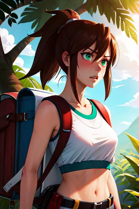 Highly detailed, High Quality, Masterpiece, beautiful, WhiteKorraErinStout, <lora:WhiteKorraErinStout:0.7>, solo, 1girl, ponytail, brown hair, green eyes, jungle, crop top, angry, sweat, exploration, embarrassed, backpack