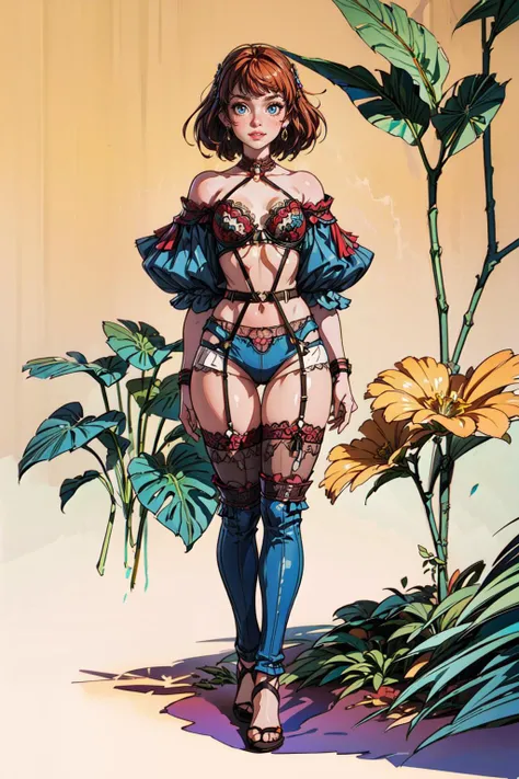 beautiful full body photo of a western woman wearing Denim Blue erotic lace trim torsolette in the VICTORIA'S SECRET fashion show at detailed summer tropical flower forest,subtropical flowers and plants,perfect symmetrica body shape,symmetrical face,intricate,elegant,highly detailed,8k,post-processing,digital painting,trending on pinterest,harper's bazaar,concept art,sharp focus,illustration,by artgerm,Tom Bagshaw,Lawrence Alma-Tadema,greg rutkowski,norman rockwell,golden ratio,soft smile,nsfw,<lora:add_detail:1>,<lora:sexyneiyi_v2:1>,