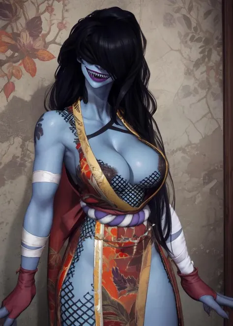 Tate Eboshi, blue skin, sharp teeth, long black hair, viens, covered eyes, hair hair over eyes,
Red kimono,cleavage,bandages,pelvic curtain, fishnets,
solo, cowboy shot,
(insanely detailed, beautiful detailed face,masterpiece, best quality)<lora:TateEboshi-10v5:0.8>