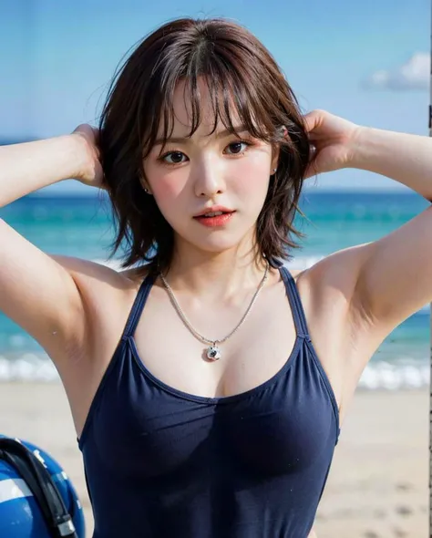 best quality, photorealistic, 8k, high res, 1girl, woman, (skindentation), (portrait:0.6), gorgeous, ((beachbackground:1.6)), ((onepieceswimsuit, smallsize round breast:1.9)), straight-looking at viewer:1.8, (1girl eyes looking at viewer, short-length hair, brownhair, partedbangs:1.65), photorealistic, (bokeh), (smile, closed mouth:1.46), gorgeous, pureerosface_v1, <lora:IDOL-wendy:0.7>
