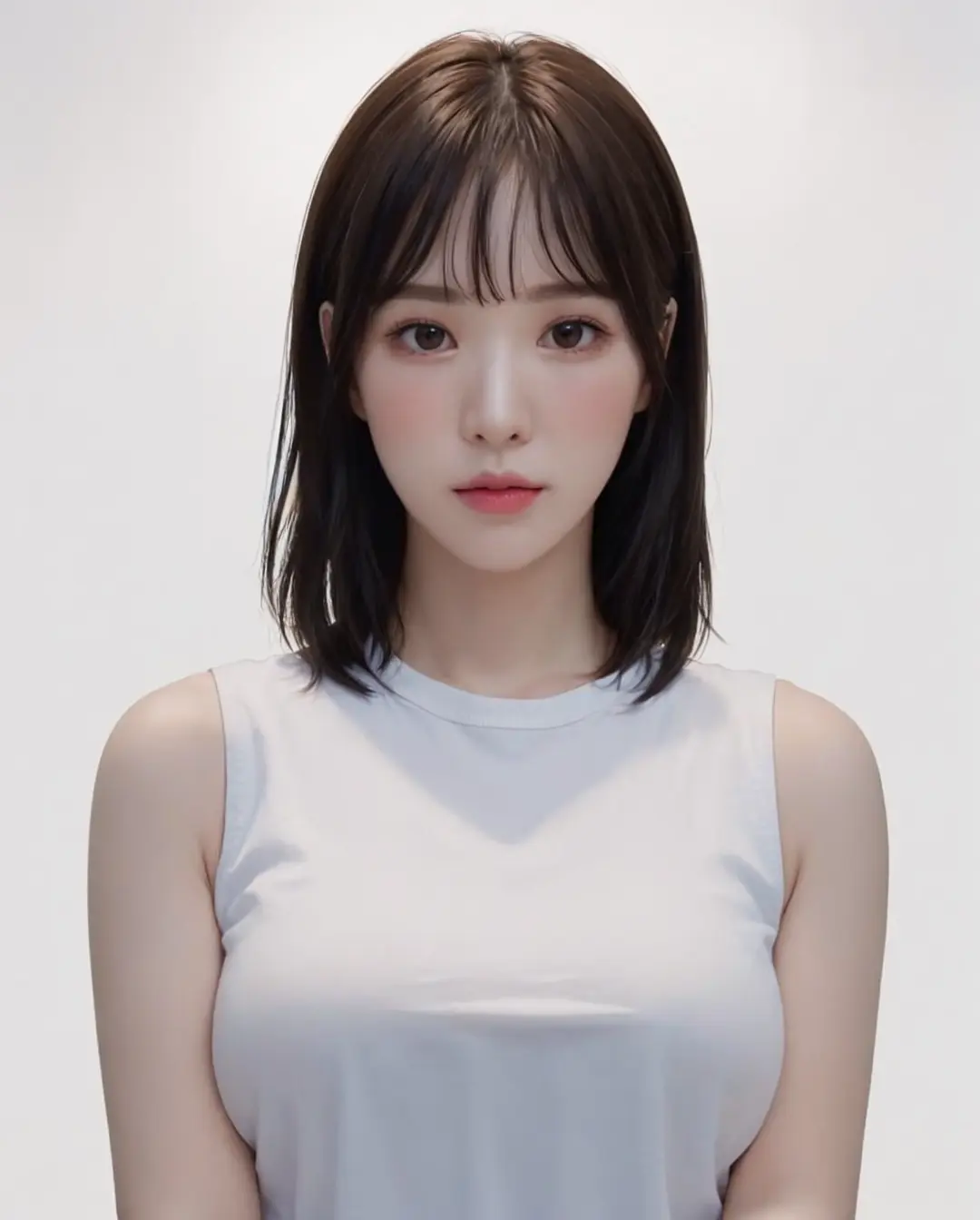 best quality, photorealistic, 8k, high res, 1girl, woman, (skindentation), (portrait:0.6), gorgeous, ((whitebackground:1.8)), ((sleeveless white tshirt, smallsize round breast:1.9)), straight-looking at viewer:1.8, (1girl eyes looking at viewer, short-length hair, brownhair, partedbangs:1.65), photorealistic, (bokeh), (closed mouth:1.96), gorgeous, pureerosface_v1, <lora:IDOL-wendy:0.75>