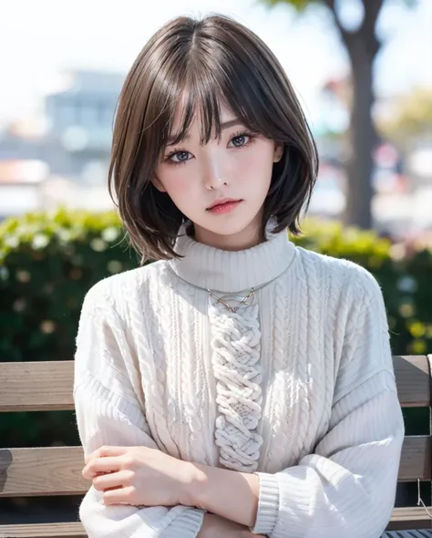 pureerosface_v1:0.3, best quality, photorealistic, 8k, high res, full color, 1girl, woman, 20 years old woman, (closed mouth:1.43), (skindentation), (portrait:0.6), trees, park bench, daylight, ((park background:1.52)), full color, ((necksweater:1.68)), looking at viewer:1.8, (1girl eyes looking at viewer:1.55), (medium-length hair, brownhair, partedbangs:1.45), (bokeh), <lora:AAW-wendy:0.65>